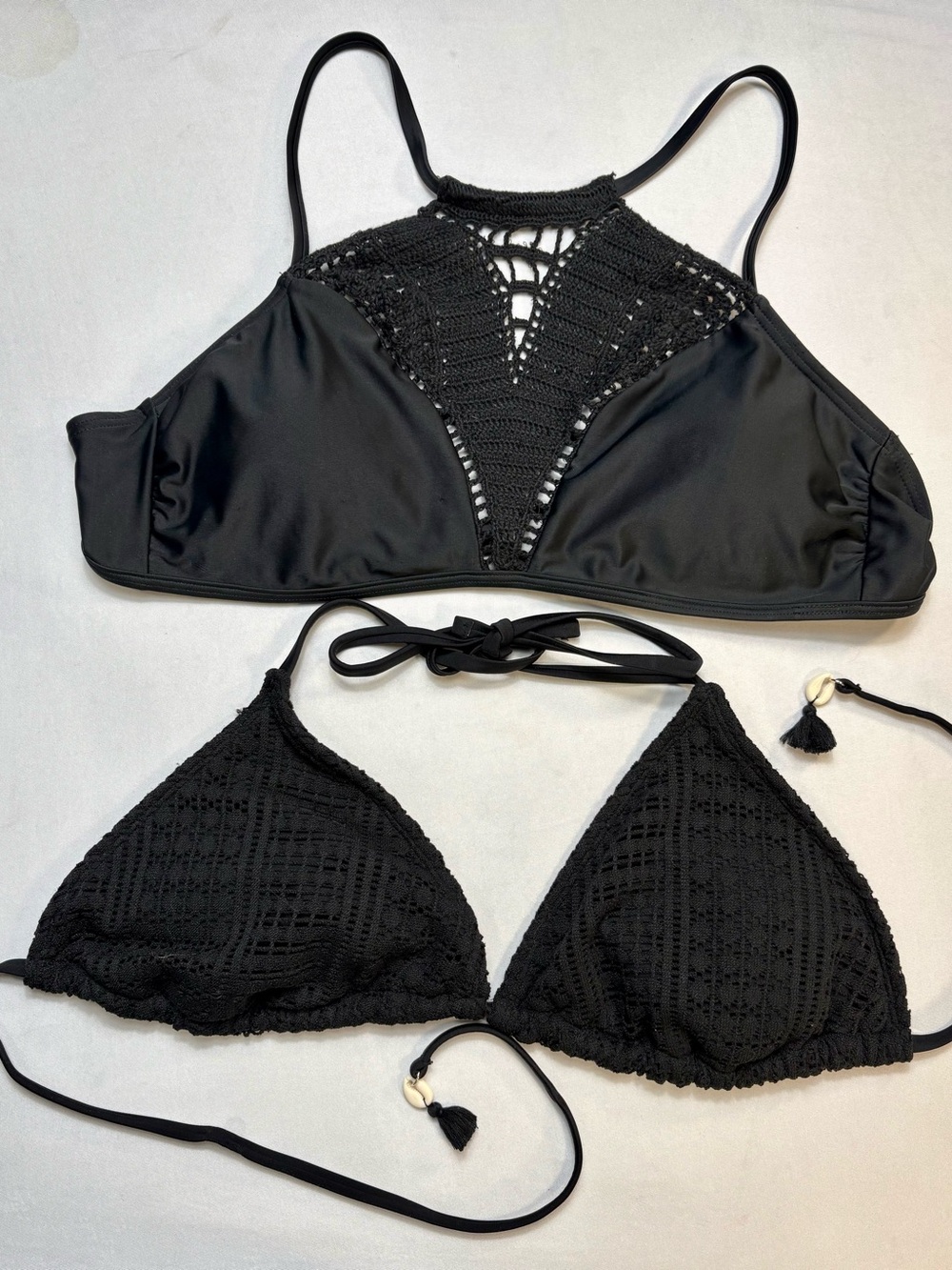 Two black bikini tops/ halter crochet/ triangle bikini to with seashells
